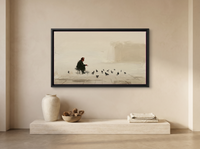 Pigeon Feeder Wide Wall Art — Original Oil, Charcoal & Oxblood — original hand-painted oil shown on the wall in a styled room