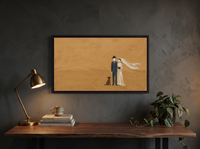 Wedding Couple & Dog Wide Wall Art — Original Palette-Knife Oil, Golden Ochre & Navy — original hand-painted oil shown on the wall in a styled room