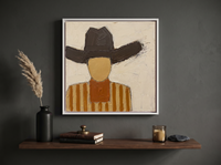 Cowboy in a Wide Hat Wall Art — Original Palette-Knife Oil, Brown & Ochre — original hand-painted oil shown on the wall in a styled room