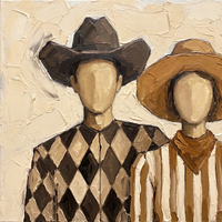 Original oil painting of a faceless cowboy and cowgirl in a brown hat and a straw hat, the cowboy in a brown harlequin shirt, the cowgirl in brown and cream stripes with a rust neckerchief, on a cream ground