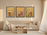 Quiet Tending Triptych — 3 Original Oils, Clay-Rose & Mustard — original hand-painted oil shown on the wall in a styled room