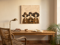 Three Women in Hats Wall Art — Original Palette-Knife Oil, Chocolate & Tan — original hand-painted oil shown on the wall in a styled room