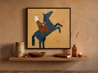 Rider on a Rearing Horse Wall Art — Original Palette-Knife Oil, Slate Blue & Ochre — original hand-painted oil shown on the wall in a styled room