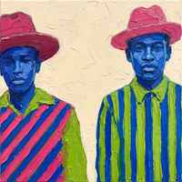 Original oil painting of two figures with cobalt-blue faces under rose-pink hats, shirts striped in cobalt and lime, on a cream ground