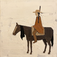 Original oil painting of a braided rider with a feather and caramel coat on a two-tone brown horse facing left, heavy palette-knife texture on a cream ground