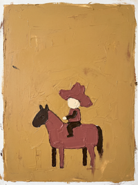 Heavy impasto oil portrait of a cowboy face-on under a clay-rose angular hat with a cream blank face and dark collar, on a mustard-gold ground.
