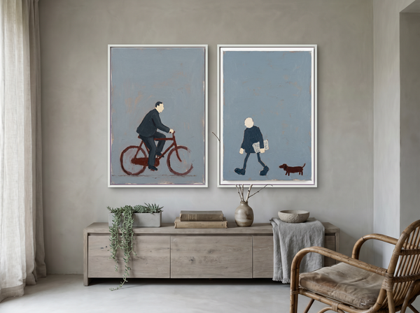 Cyclist & Newspaper Man — Set of 2 Original Oils, Charcoal & Slate