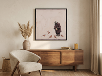 Old Man Feeding Pigeons Wall Art — Original Palette-Knife Oil, Wine & Cream — original hand-painted oil shown on the wall in a styled room