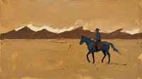 Original wide oil painting of a lone rider on a slate-navy horse crossing a golden-ochre plain below a brown mountain ridge, palette-knife texture