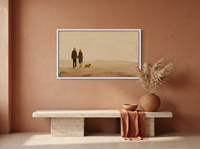 Couple Walking a Dog Wide Wall Art — Original Palette-Knife Oil, Chocolate & Tan — original hand-painted oil shown on the wall in a styled room