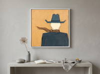 Cowboy from Behind Wall Art — Original Palette-Knife Oil, Slate Blue & Ochre — original hand-painted oil shown on the wall in a styled room