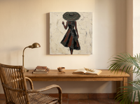 Walking Lady in a Wide Hat Wall Art — Original Palette-Knife Oil, Charcoal & Oxblood — original hand-painted oil shown on the wall in a styled room