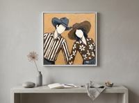 Dancing Couple Wall Art — Original Palette-Knife Oil, Slate & Ochre — original hand-painted oil shown on the wall in a styled room