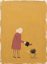 Oil painting of a woman in a clay-rose coat watering a dark potted fern, on a mustard-gold ground.