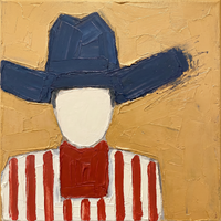 Original oil painting of a faceless cowboy in a wide navy hat with a red neckerchief over red and cream vertical stripes, on a mustard ochre ground
