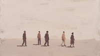 Original wide oil painting of five small figures walking in a loose uneven line across a vast empty dusty-mauve ground, Lowry-style with generous negative space