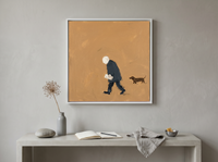 Man Walking His Dachshund Wall Art — Original Oil, Navy & Ochre — original hand-painted oil shown on the wall in a styled room