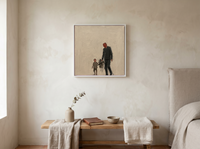 Father & Child Walking Wall Art — Original Palette-Knife Oil, Olive & Oxblood — original hand-painted oil shown on the wall in a styled room