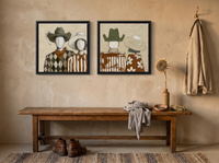 Cowboy & Cowgirl, Front & Back — Set of 2 Original Oils, Olive & Sienna — original hand-painted oil shown on the wall in a styled room