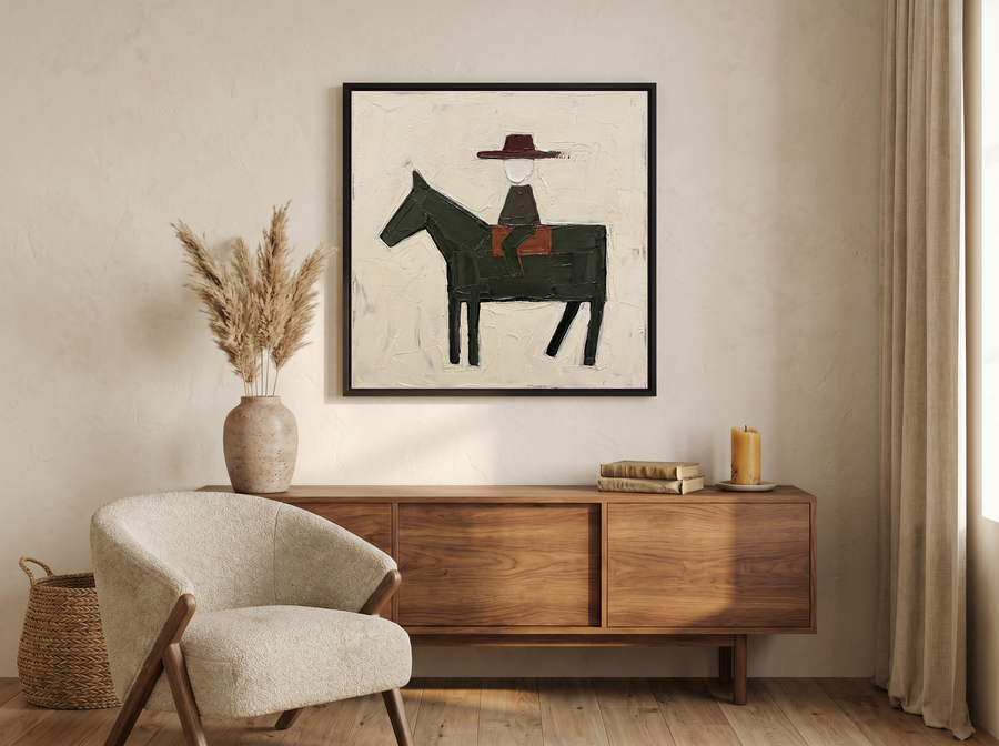 Rider on Horseback Wall Art — Original Palette-Knife Oil, Oxblood & Charcoal