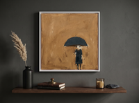 Woman Under an Umbrella Wall Art — Original Oil, Navy & Ochre — original hand-painted oil shown on the wall in a styled room