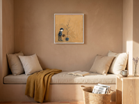 Woman Watering a Plant Wall Art — Original Palette-Knife Oil, Ochre & Teal — original hand-painted oil shown on the wall in a styled room