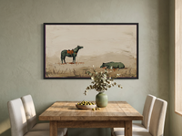 Standing and Resting Horses Wide Wall Art — Original Palette-Knife Oil, Sage Green & Terracotta — original hand-painted oil shown on the wall in a styled room