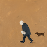 Original oil painting of a man in a navy-teal coat walking with a pale newspaper, a brown dachshund behind, on a golden ochre ground
