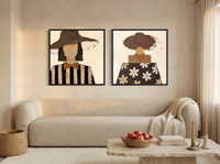 Hatted Woman, Front and Back — Set of 2 Original Oils, Chocolate & Cream — original hand-painted oil shown on the wall in a styled room