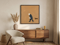 Man Walking His Dachshund Wall Art — Original Oil, Navy & Ochre — original hand-painted oil shown on the wall in a styled room
