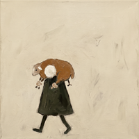 Original oil painting of a shepherd in a dark olive cloak carrying a rust-brown lamb across his shoulders on a cream ground