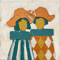 Original oil painting of two women in burnt-orange hats with golden-yellow oval faces, teal collar bands, teal stripes and an orange harlequin, on a cream ground