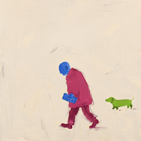Original oil painting of a man in a raspberry coat with a blue head walking with a blue newspaper, a green dachshund behind, on a cream ground