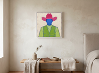 Cowboy in a Vest Wall Art — Original Palette-Knife Oil, Raspberry & Lime — original hand-painted oil shown on the wall in a styled room
