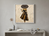 Walking Lady in a Wide Hat Wall Art — Original Palette-Knife Oil, Espresso & Gold — original hand-painted oil shown on the wall in a styled room