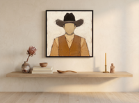 Cowboy in a Vest Wall Art — Original Palette-Knife Oil, Brown & Tan — original hand-painted oil shown on the wall in a styled room