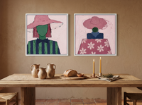 Hatted Woman, Front and Back — Set of 2 Original Oils, Rose & Emerald — original hand-painted oil shown on the wall in a styled room