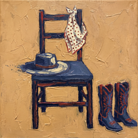 Oil painting of a deep navy horse in profile with a vermilion saddle blanket, mane and tail streaked with cream, on a heavy textured mustard-gold ground.