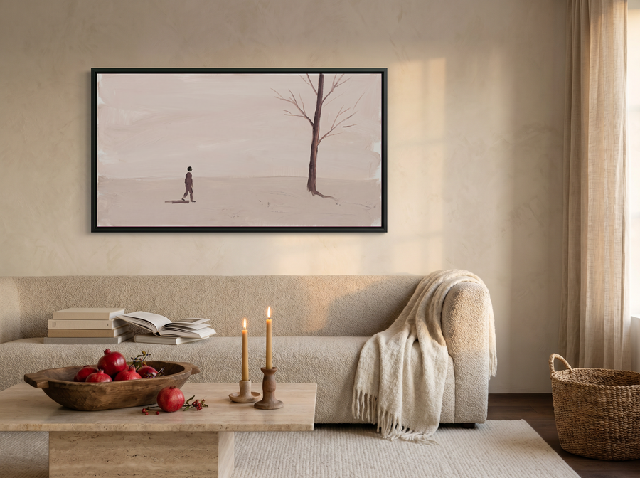 Lone Walker & Bare Tree Wide Wall Art — Original Palette-Knife Oil, Mauve & Rose-Brown