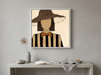 Lady in a Floppy Hat Wall Art — Original Palette-Knife Oil, Brown & Cream — original hand-painted oil shown on the wall in a styled room