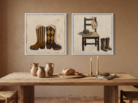 Cowboy Boots & Hat — Set of 2 Original Oils, Chocolate & Rust — original hand-painted oil shown on the wall in a styled room