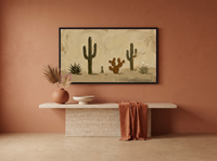 Desert Cacti Row Wide Wall Art — Original Palette-Knife Oil, Olive & Cream — original hand-painted oil shown on the wall in a styled room