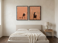 Man with Dog & Woman with Bouquet — Set of 2 Original Oils, Espresso & Terracotta — original hand-painted oil shown on the wall in a styled room
