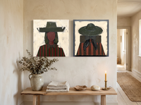 Cowgirls Turning Toward Each Other — Set of 2 Original Oils, Olive & Oxblood — original hand-painted oil shown on the wall in a styled room
