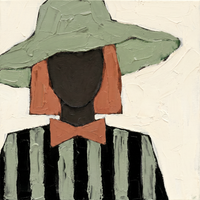 Oil painting of a faceless woman in a sage-green floppy hat with a near-black face, terracotta bow and black-and-sage striped body, on a cream ground.