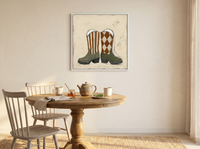 Cowboy Boots Wall Art — Original Palette-Knife Oil, Olive & Rust — original hand-painted oil shown on the wall in a styled room