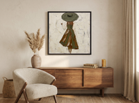 Walking Lady in a Wide Hat Wall Art — Original Palette-Knife Oil, Olive & Sienna — original hand-painted oil shown on the wall in a styled room