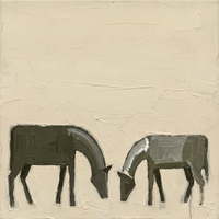 Original oil painting of two grazing horses, one dark olive and one grey, on a wide cream ground with palette-knife texture