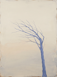 Oil painting of a pale periwinkle bare tree, trunk at the lower left and fine branches spreading right, a small periwinkle-coated figure with a tan bag beneath, on a misty cream sky.