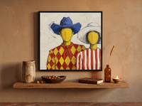 Cowboy & Cowgirl Couple Wall Art — Original Palette-Knife Oil, Cobalt & Red — original hand-painted oil shown on the wall in a styled room